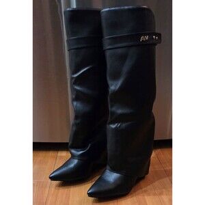 Azalea Wang Melina Black Fold Over Knee High Wedge Boots Pointed Toe 6.5 NEW